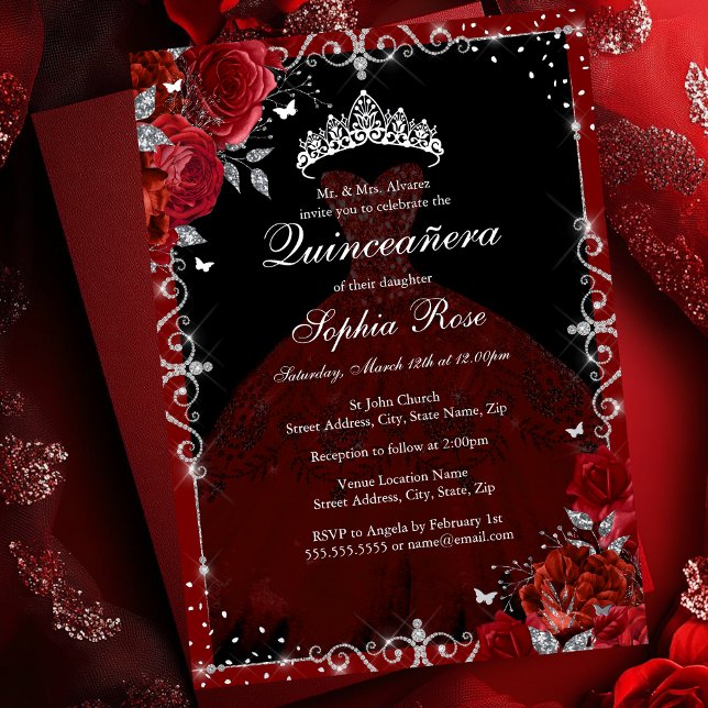 Elegant Red Silver Rose Dress Quinceanera Folieneinladung (Von Creator hochgeladen)