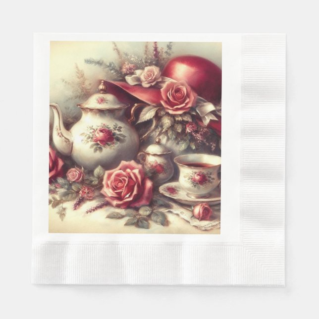 Elegant Red Tea Party Floral Paper Napkin Serviette (Vorderseite)