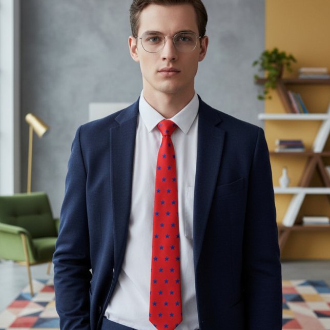 Elegant Red Tie with Embroidered-Effect Blue Stars Krawatte (Von Creator hochgeladen)