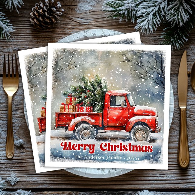 Elegant red truck Christmas scene party napkins Serviette (Elegant red truck Christmas scene party napkins)