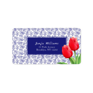 Elegant Red Tulips Spring Floral Blue Adressaufkleber