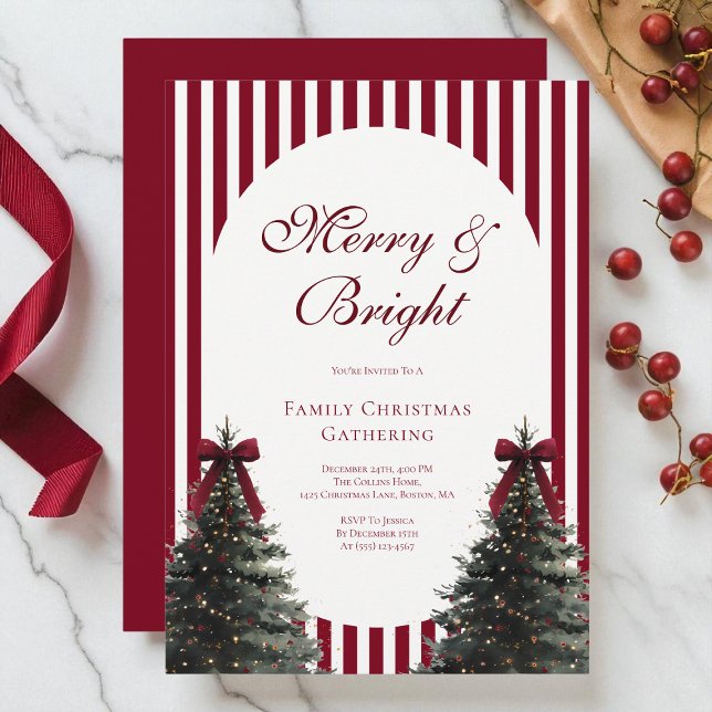 Elegant Red Watercolor Bow Family Christmas Party Einladung (Elegant Red Watercolor Bow Family Christmas Party Invitation)