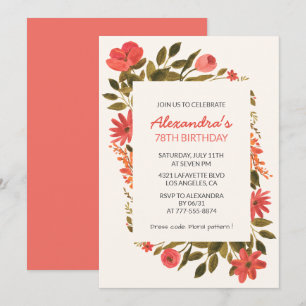Elegant Red Watercolor Floral 78. Geburtstag Einladung