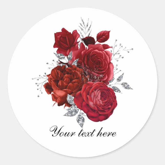 Elegant red Wedding roses customizable Runder Aufkleber (Vorderseite)