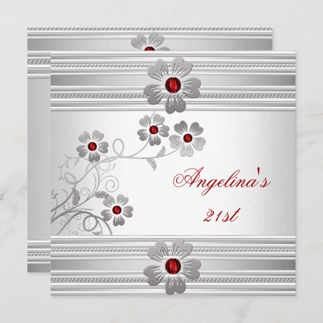 Elegant Red White 21. Geburtstag Party Blume Einladung (Vorne/Hinten)