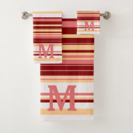 Elegant red white and pink stripes monogram badhandtuch set