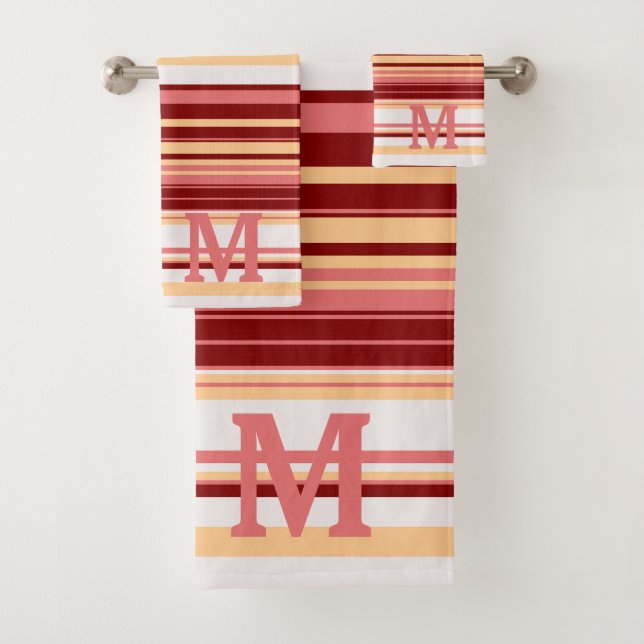 Elegant red white and pink stripes monogram badhandtuch set (Insitu)
