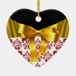 ELEGANT RED WHITE DAMASK GOLD RIBBON MONOGRAM KERAMIK ORNAMENT