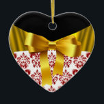 ELEGANT RED WHITE DAMASK GOLD RIBBON MONOGRAMM KERAMIK ORNAMENT<br><div class="desc">Elegantes Herz-Monogramm mit weißen,  roten Damast-Blume und goldgelben Bögen für den Weihnachtsfeiertag,  Valentinstag,  Jubiläum,  Hochzeit,  Save the Date,  romantische Verlobung,  Brautpartys.</div>
