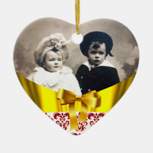 ELEGANT RED WHITE DAMASK RIBBON FOTOVORLAGE KERAMIKORNAMENT