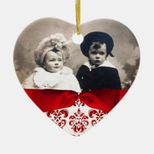 ELEGANT RED WHITE DAMASK RIBBON FOTOVORLAGE KERAMIKORNAMENT