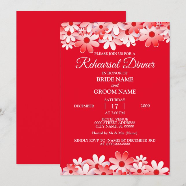 Elegant Red White Floral Wedding Rehearsal Dinner Einladung (Vorne/Hinten)