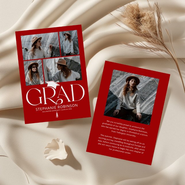 Elegant Red & White Photo Collage Graduation Ankündigung (Von Creator hochgeladen)