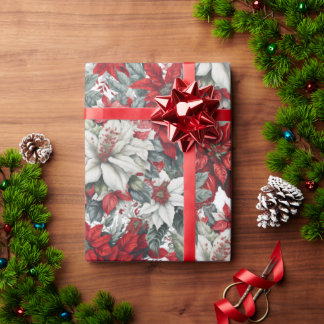 Elegant Red & White Poinsettia Christmas Floral Geschenkpapier