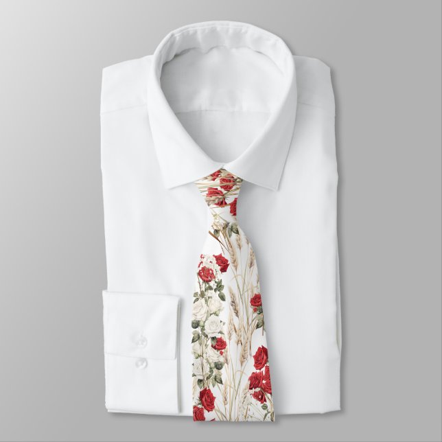 Elegant Red White Roses Botanical Neck Tie Krawatte (Gebunden)