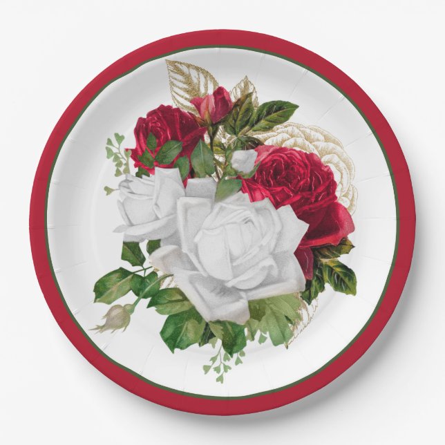 Elegant Red White Roses Bouquet Pappteller (Vorderseite)