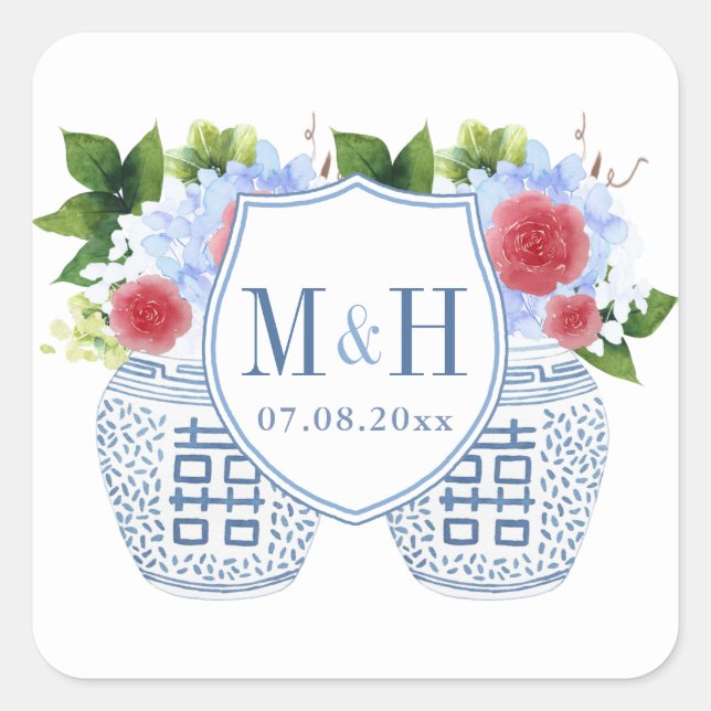 Elegant Red White Wedding Monogram Quadratischer Aufkleber (Vorderseite)
