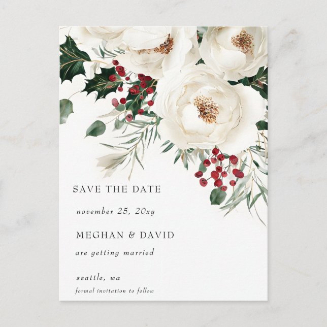Elegant Red White Winter Christmas Save the Date Ankündigungspostkarte (Vorderseite)