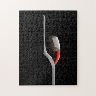 Elegant Red Wine Glass & Bottle. Black Background Puzzle