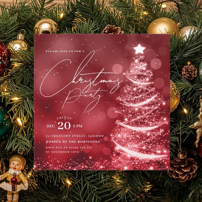 ELEGANT Red Winter Christmas Tree Party  Einladung (ELEGANT Red Winter Christmas Tree Party Invitation)