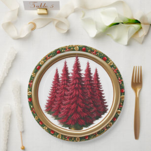 Elegant Red Wreath Berries Gold Merry Xmas tree Pappteller