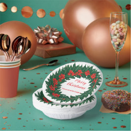 Elegant Red Wreath Holly Berries Christmas Green Pappteller