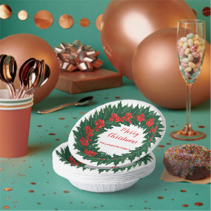 Elegant Red Wreath Holly Berries Christmas Green Pappteller