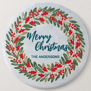 Elegant Red Wreath Holly Berries Gold Merry Xmas Button