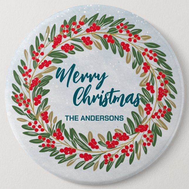 Elegant Red Wreath Holly Berries Gold Merry Xmas Button (Vorderseite)