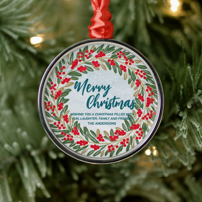 Elegant Red Wreath Holly Berries Gold Merry Xmas Ornament Aus Metall (Baum)