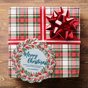 Elegant Red Wreath Holly Berries Gold Merry Xmas Ornament Karte