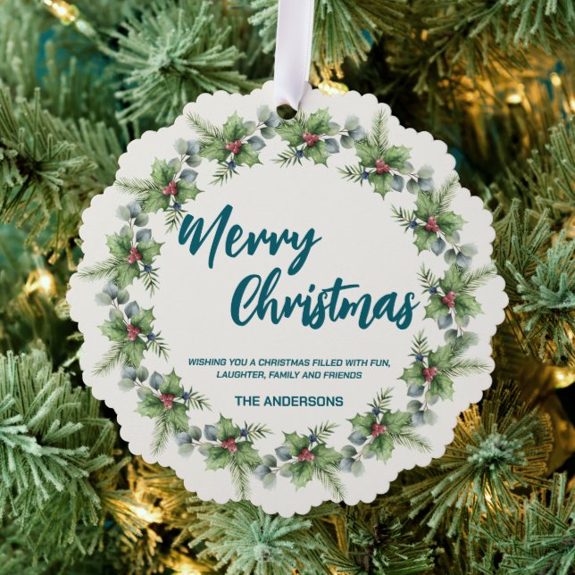 Elegant Red Wreath Holly Berries merry Xmas tree Ornament Karte (Insitu (Baum))