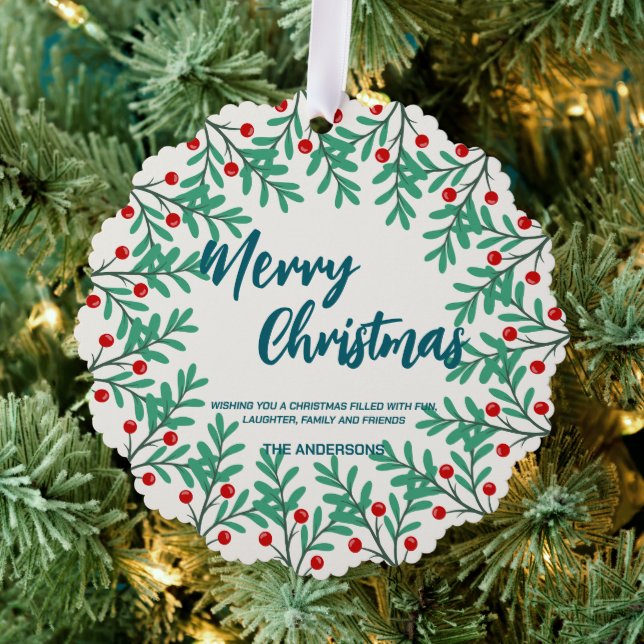 Elegant Red Wreath Holly Berries merry Xmas tree Ornament Karte (Insitu (Baum))