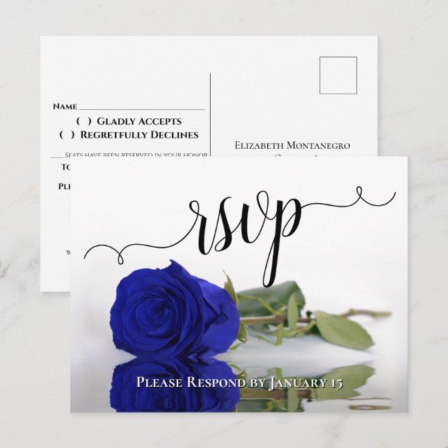 Elegant reflektiert Royal Blue Rose Wedding RSVP Postkarte (Vorne/Hinten)