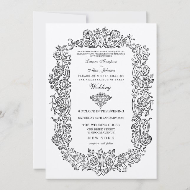 Elegant Regal Mairytale Birds Border Wedding Invit Einladung (Vorderseite)