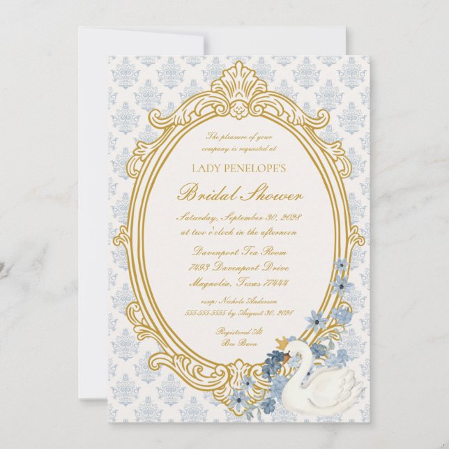 Elegant Regency Era Blue and Gold Bridal Shower Einladung (Vorderseite)