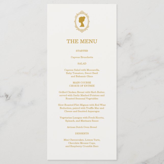 Elegant Regency Era Blue and Gold Bridal Shower Menükarte (Vorderseite)