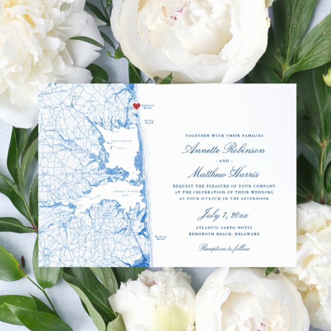 Elegant RehoBeide Beach Delaware Karte Hochzeit (Elegant Rehoboth Beach Delaware Wedding invitation with navy blue map from Coastal Map Designs)