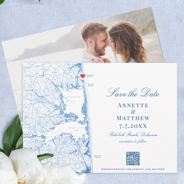 Elegant RehoBeide Beach Map Navy Hochzeit Save The Date (Elegant Rehoboth Beach Delaware Wedding save the date with photo back and navy blue map )