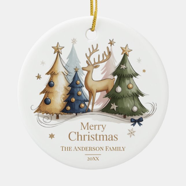 Elegant Reindeer and Christmas Trees Keramik Ornament (Vorne)