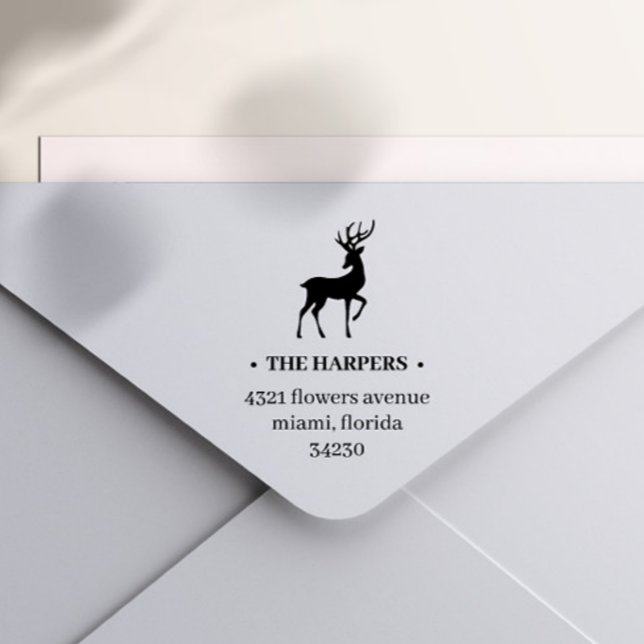 ELEGANT REINDEER ANTLERS HOLIDAY RÜCKSENDEADRESSE PERMASTEMPEL (Elegant rustic self inking stamp with return address with a profile of a reindeer with antlers)