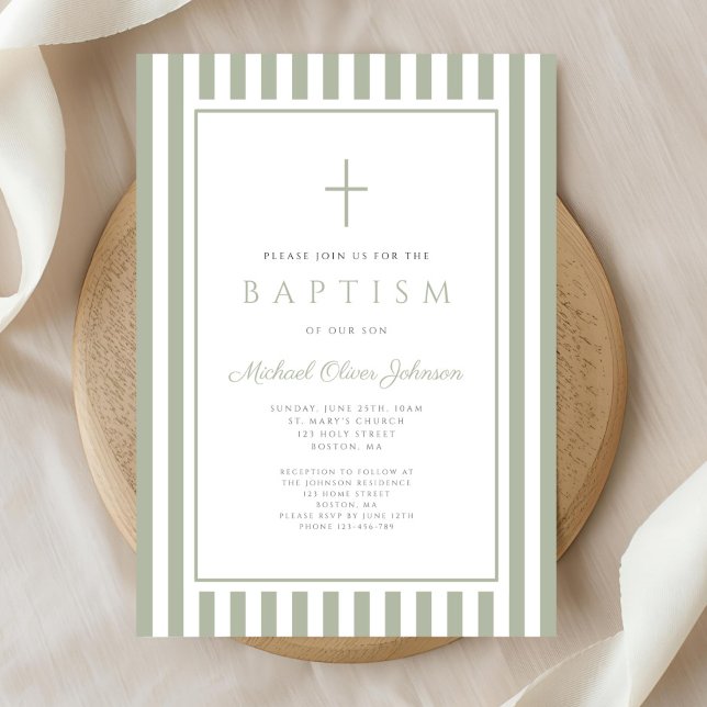 Elegant Religious Sage Green Boy Baptism Einladung (Elegant Religious Sage Green Boy Baptism Invitation)