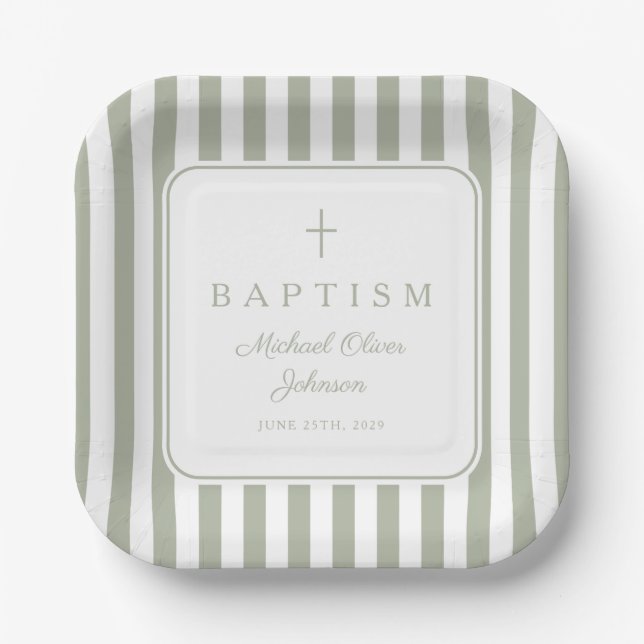 Elegant Religious Sage Green Boy Baptism Pappteller (Vorderseite)