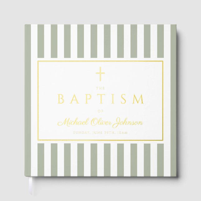 Elegant Religious Sage Green Stripes Baptism Gästebuch (Vorderseite)