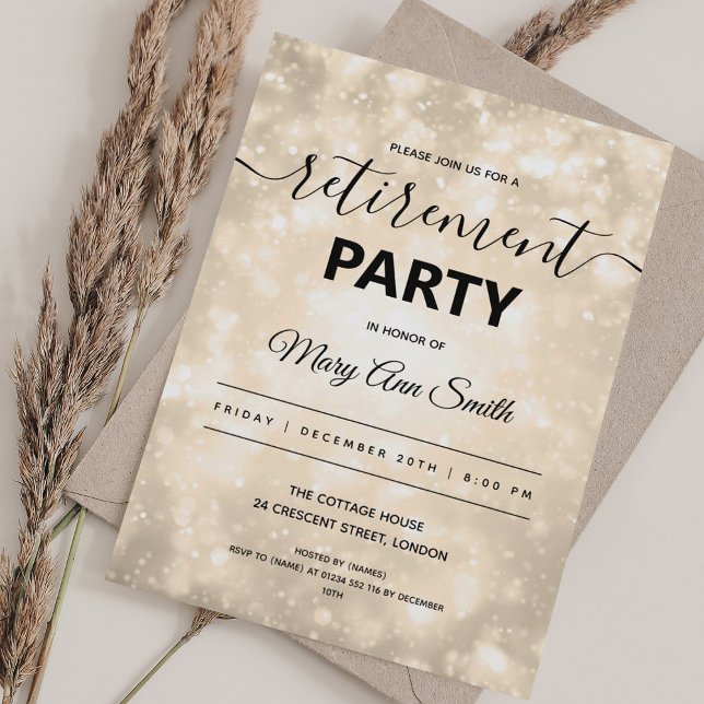 Elegant Retirement Gold Champagne Sparkles Einladung (Elegant Retirement Party Gold Champagne Sparkles Invitation)