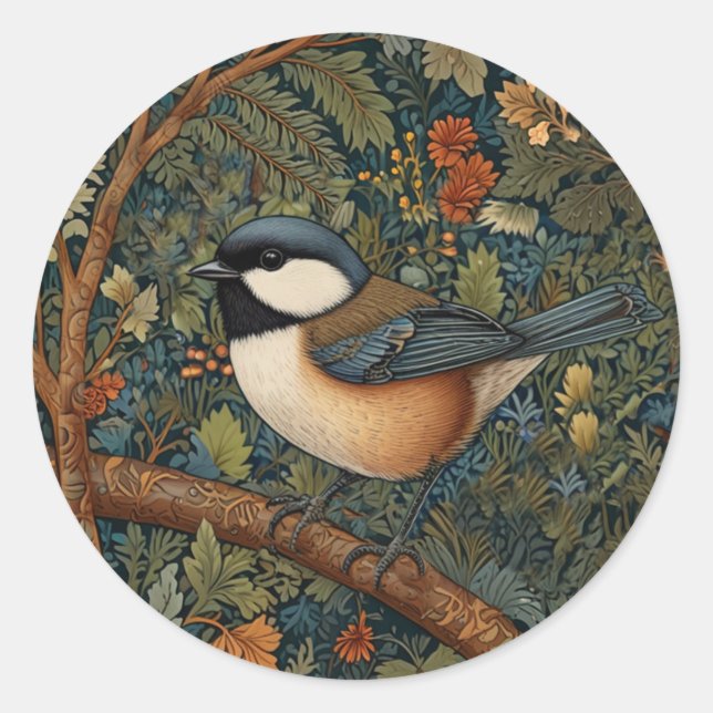 Elegant Retro Art Nouveau woodland bird Runder Aufkleber (Vorderseite)