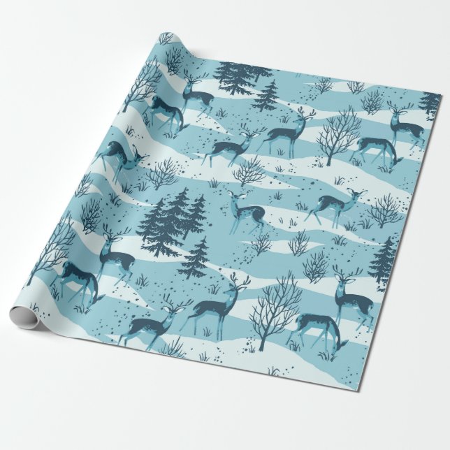 Elegant Retro Blue Woodland Deer Geschenkpapier (Ungerollt)