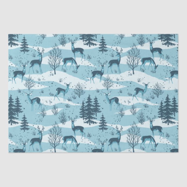 Elegant Retro Blue Woodland Deer Seidenpapier (Vorderseite)