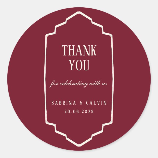 Elegant Retro Checkered Burgundy Wedding Runder Aufkleber (Vorderseite)