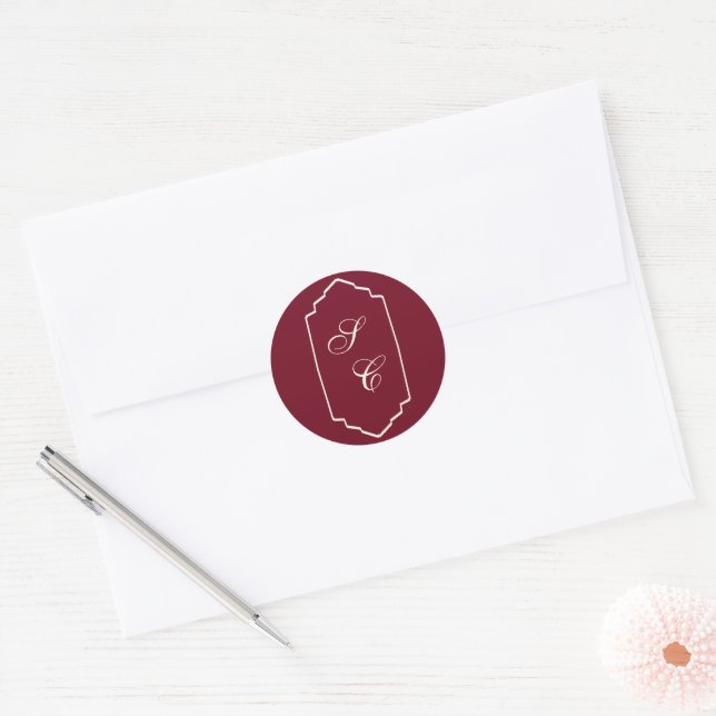 Elegant Retro Checkered Burgundy Wedding Runder Aufkleber (Umschlag)
